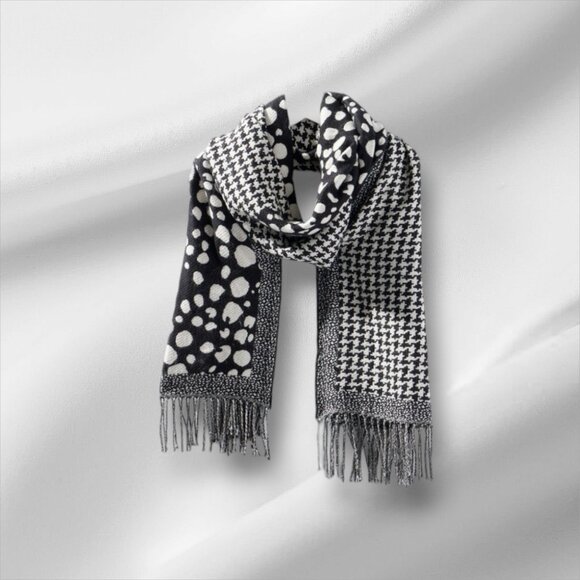 Chico's Jacquard Scarf Reversible Black & White Houndstooth & Polka Dot W/Fringe - Picture 1 of 9